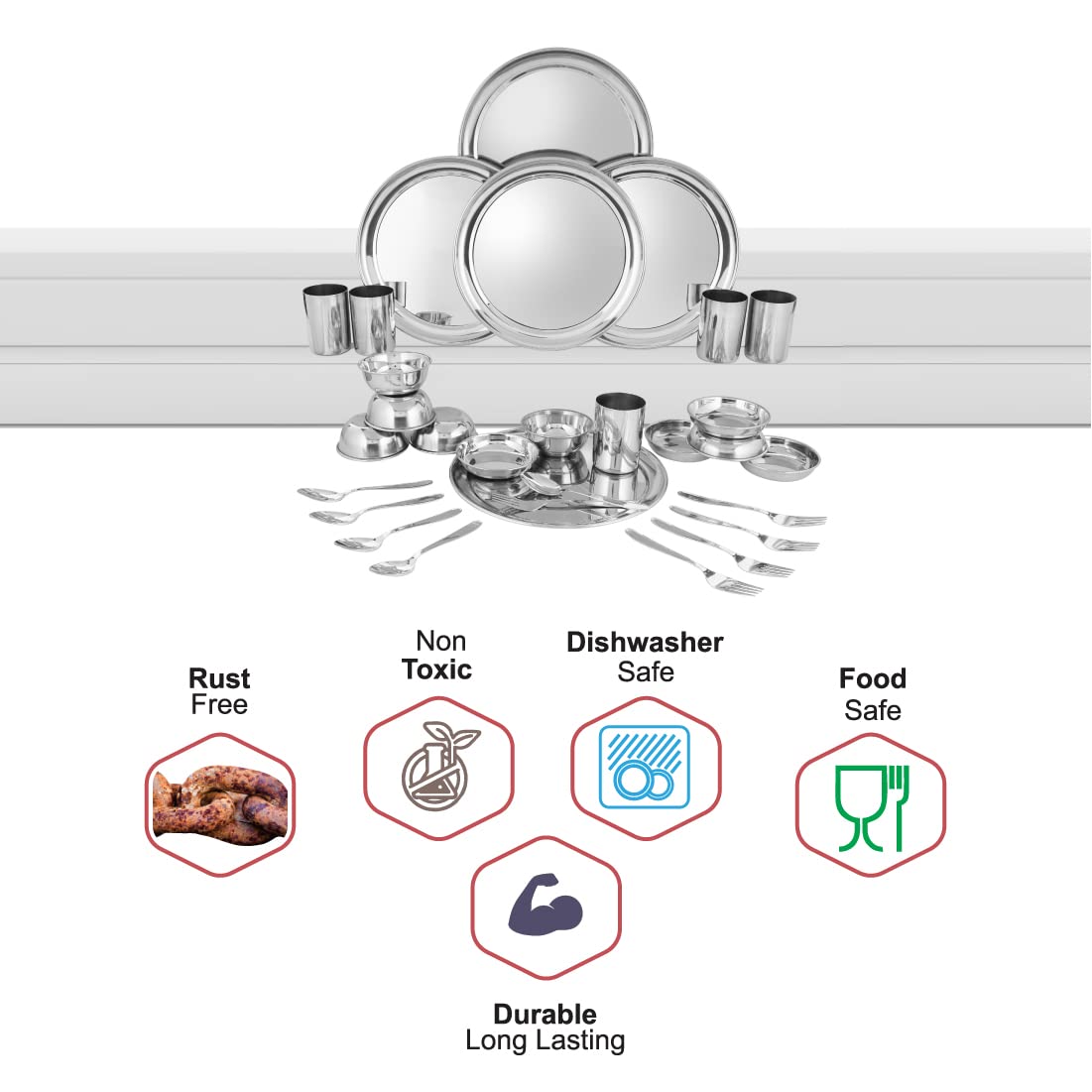 Stainless Steel Shagun Solid Dinner Set Of 30 Pcs, Silver | 5 Dinner Plates+ 5 Bidding Bowls+ 5 Pudding Bowls+ 5 Glasses+ 5 Dinner Spoon+ 5 Dinner Fork Stainless Steel Shagun Solid Dinner Set Of 30 Pcs, Silver | 5 Dinner Plates+ 5 Bidding Bowls+ 5 Pudding Bowls+ 5 Glasses+ 5 Dinner Spoon+ 5 Dinner Fork