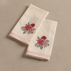 Peepul Tree 100% Pure Cotton Block Printed 2 Hand Towels 240 Gsm | Super Absorbent, Soft & Faster Drying, Floral Printed (Off-White & Pink Roses)