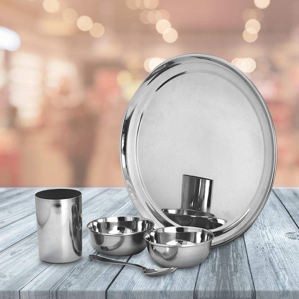 High Grade Stainless Steel Premium Thali Set Of 5 Pieces, Silver | 1 Thali+ 2 Bowls+ 1 Glass+ 1 Dinner Spoon - Easy To Clean & Dishwasher Friendly High Grade Stainless Steel Premium Thali Set Of 5 Pieces, Silver | 1 Thali+ 2 Bowls+ 1 Glass+ 1 Dinner Spoon - Easy To Clean & Dishwasher Friendly