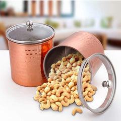 High Grade Stainless Steel Copper Coating Cantera Hammered Canister Set Of 2 Pcs With Glass Lid | Capacity - 700ml Each, Dia - 11 Cm Each