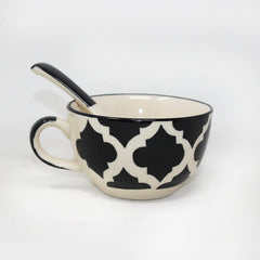 Black Moroccan Hand Painted Handled Ceramic Soup Bowls With Spoons Set Of 6 - 300ml Each | Serving Bowls With Matching Spoons | Ceramic Soup Cups - 6 Pieces, Microwave Safe & Dishwasher Safe