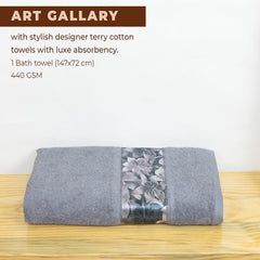 Rangoli 100% Cotton Fibre Bath Towels 450 Gsm | Highly Durable & Absorbent With Printed Border | Quick Drying Towels (Grey)