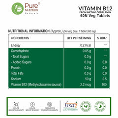 Pure Nutrition Vitamin B12 , Active Form Of Methylcobalamin | For Men & Women , Helps Boost Immunity & Energy , Promotes Brain & Nerve Health | 60 Veg Tablets , 100gm 0.2lbs , Each Pack Of 2