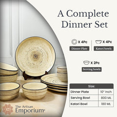 Iris Beige Handcrafted Ceramic Dinner Set - 10 Pieces | 4 Dinner Plates + 4 Katori Bowls, 180ml Each+ 2 Serving Bowls, 800ml Each Dinnerware Set | Serving For 4, Microwave Safe & Dishwasher Safe