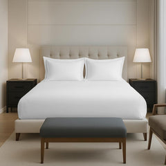 Plain Cotton Elastic Fitted Bedsheets Queen Size Two Pillow Cover - 63 X 78 Inches, White | Breathable & Smooth Bedding Wrinkles | Elegant Hotel Like Look