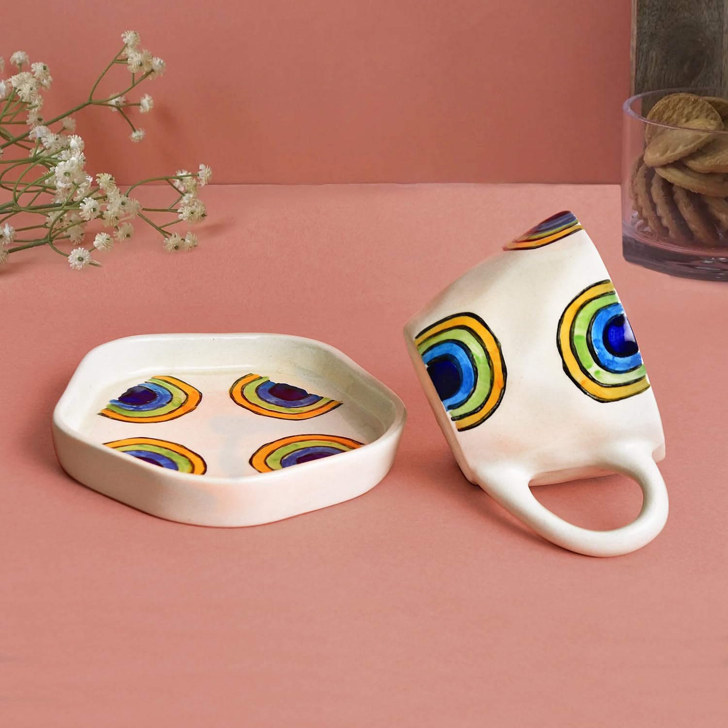 Hand Painted Ceramic Cup & Saucer Set Of 2 - Multicolor, 250ml Each | Microwave Safe Tea Cups & Mugs - Chai Cups Hand Painted Ceramic Cup & Saucer Set Of 2 - Multicolor, 250ml Each | Microwave Safe Tea Cups & Mugs - Chai Cups