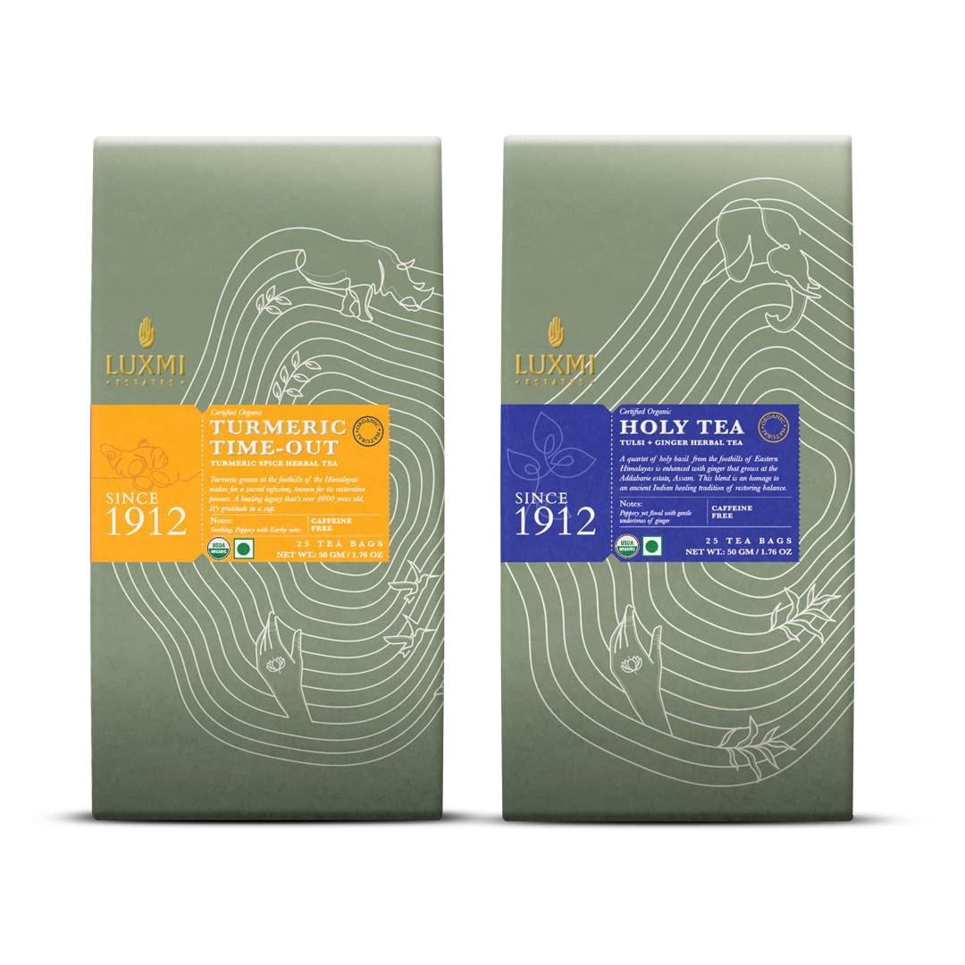 Luxmi Estates Turmeric Time Out + Holy Tea Green Tea Pack Of 2 - 50gm, 1.7 Ounce, 25 Tea Bags In Each | USDA Certified Organic Green Tea - Made With Turmeric Ginger Herbal Tea, Tulsi Basil Tea