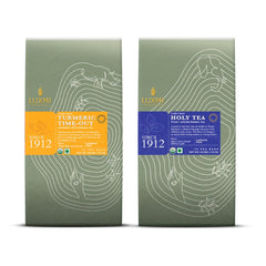Luxmi Estates Turmeric Time Out + Holy Tea Green Tea Pack Of 2 - 50gm, 1.7 Ounce, 25 Tea Bags In Each | USDA Certified Organic Green Tea - Made With Turmeric Ginger Herbal Tea, Tulsi Basil Tea
