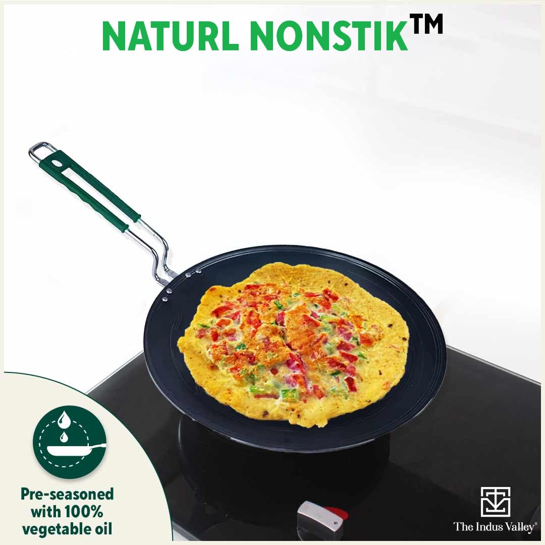 Pre-Seasoned Black Iron Concave Tawa For Dosa, Chapathi With Silicone Grip - 25.5cm, 10 Inch, 0.8 Kg | Gas Compatible, 100% Pure & Toxin-Free, No Chemical Coating Pre-Seasoned Black Iron Concave Tawa For Dosa, Chapathi With Silicone Grip - 25.5cm, 10 Inch, 0.8 Kg | Gas Compatible, 100% Pure & Toxin-Free, No Chemical Coating