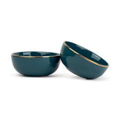 Ceramic Bowl Set Of 4 Pieces For Snacks - 330ml Each, Teal Gold | Maggie Bowl, Noodle Bowl With Glossy Finish - Premium Stoneware | Microwave Safe & Dishwasher Safe