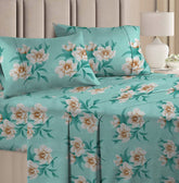 Printed Double Bedsheets With 2 King Size Pillow Cover - 90x90 Inches, Aqua | Double Bed With Corner Fit Wrinkle Free Super Soft Floral Pattern Breathable Bedsheet