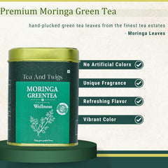 Tea And Twigs Moringa Green Tea - 30gm, 1.05 Ounce, 15 Pyramid Teabags | Wellness Boost, Superfood Medicinal Tea - Caffeine Free