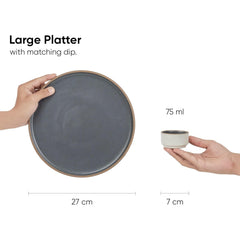 Large Round Ceramic Serving Platter, Grey - 1 Platter + 1 Dip Bowl, 75ml Japandi Series | Big Serving Plate Set With Matte Finish - Platters Serving Set | Ceramic Round Platter - Microwave Safe