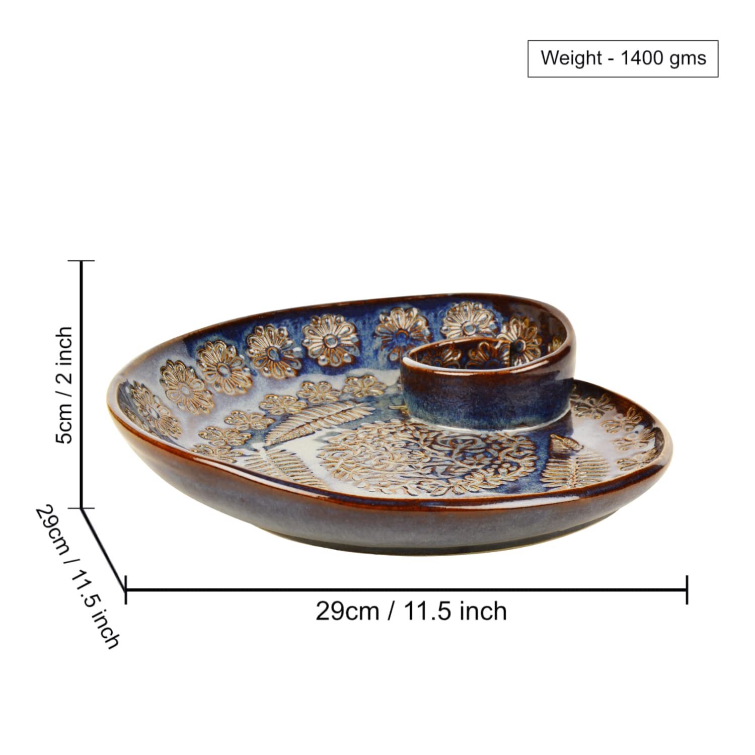 Luxurious Hand Embossed Ceramic Chip & Dip Platter With Fixed Dip Bowl - Dove Blue, 12 Inches, 1400 Gm | Starter Serving Platter - Kebab Platter Luxurious Hand Embossed Ceramic Chip & Dip Platter With Fixed Dip Bowl - Dove Blue, 12 Inches, 1400 Gm | Starter Serving Platter - Kebab Platter