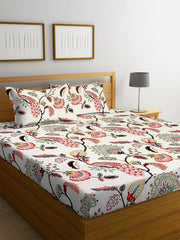 Printed King Size Double Bedsheet With 2 Pillow Covers | 78 X 72 Inches, Beige - Cotton Feel All Around Elastic Fitted King Size Double Bed