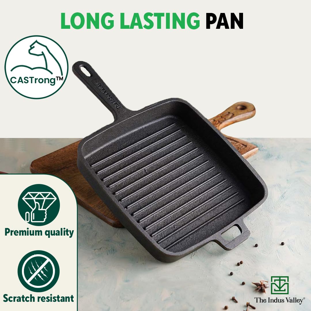 Pre-Seasoned Black Cast Iron Grill Pan With Long Handle & Silicon Grip - Medium, 25 Cm, 9.8 Inch, 1.5 Ltr, 3.4 Kg | Induction Friendly, 100% Pure & Toxin-Free, No Chemical Coating Pre-Seasoned Black Cast Iron Grill Pan With Long Handle & Silicon Grip - Medium, 25 Cm, 9.8 Inch, 1.5 Ltr, 3.4 Kg | Induction Friendly, 100% Pure & Toxin-Free, No Chemical Coating