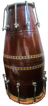 Professional Handmade Wooden Dholak Dholki Bolt Tuned - Brown | Perfectly Symmetric Round Dholak, Dholak For Festival, Wedding, Satsang | Nut & Bolt Fitting On Bass & Tune Head Side