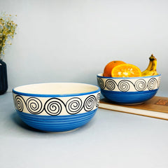 Blue Swirl Ceramic Serving Bowl Set Of 2 Pieces, 800ml Each | Hand Painted Large Dining Serving Bowls For Serving - Microwave Safe & Dishwasher Safe