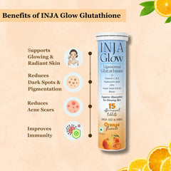 Inja Glow Liposomal Glutathione + Vitamin C & E, 4x Effective, Hyaluronic Acid Zinc, Grape Seed Extract For Enhances Skin Glow, Reduces Dark Spots | 15 Tablets, Orange Flavour , 50gm 0.1lbs