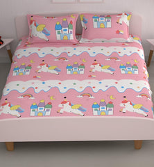 Cartoon Printed Double Bedsheet For Kids With 2 Pillow Cover - 72 X 78 X 10 Inches, Pink & White | Cotton Feel All Around Elastic Fitted King Size Double Bed