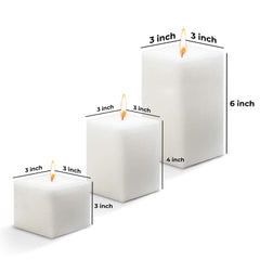 WHITE SQUARE CANDLES 3, 4, 6 INCH SET OF 3 | BURNING TIME OF 40 TO 80 HOURS