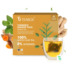 Teabox Turmeric Ginger Tulsi Green Tea - 25 Tea Bags | Made With 100% Whole Leaf, Natural Ginger, Turmeric & Tulsi - Flavorful & Soothing Tea | Low Caffeine, 0% Bitterness