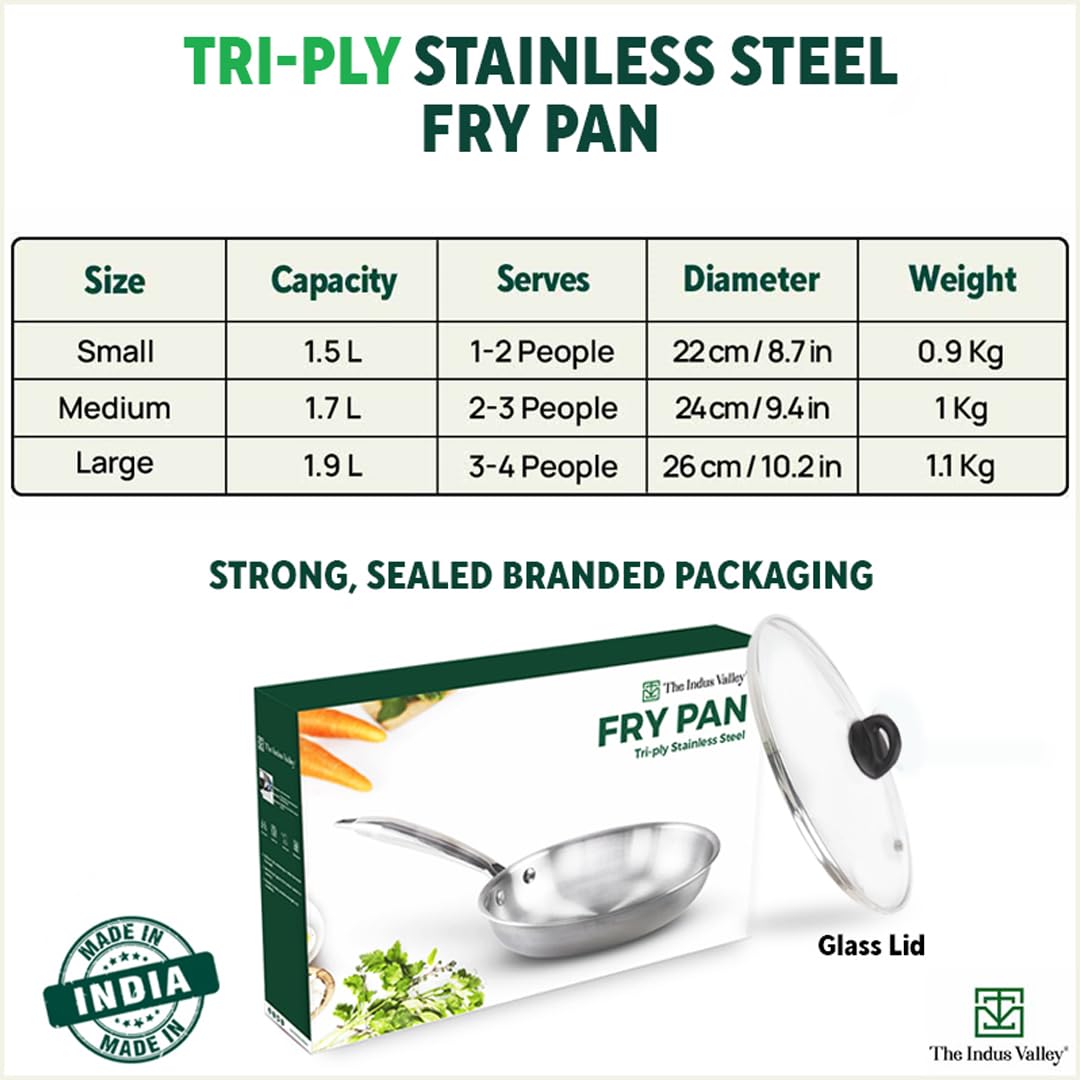 Triply Stainless Steel Fry Pan With Glass Lid For 3-4 People - Large 26cm, 10.2 Inch, 1.9 Liters, 1.1 Kg | Induction-Friendly, Nonstick 3-Layer Body, 100% Pure & Toxin-Free Triply Stainless Steel Fry Pan With Glass Lid For 3-4 People - Large 26cm, 10.2 Inch, 1.9 Liters, 1.1 Kg | Induction-Friendly, Nonstick 3-Layer Body, 100% Pure & Toxin-Free