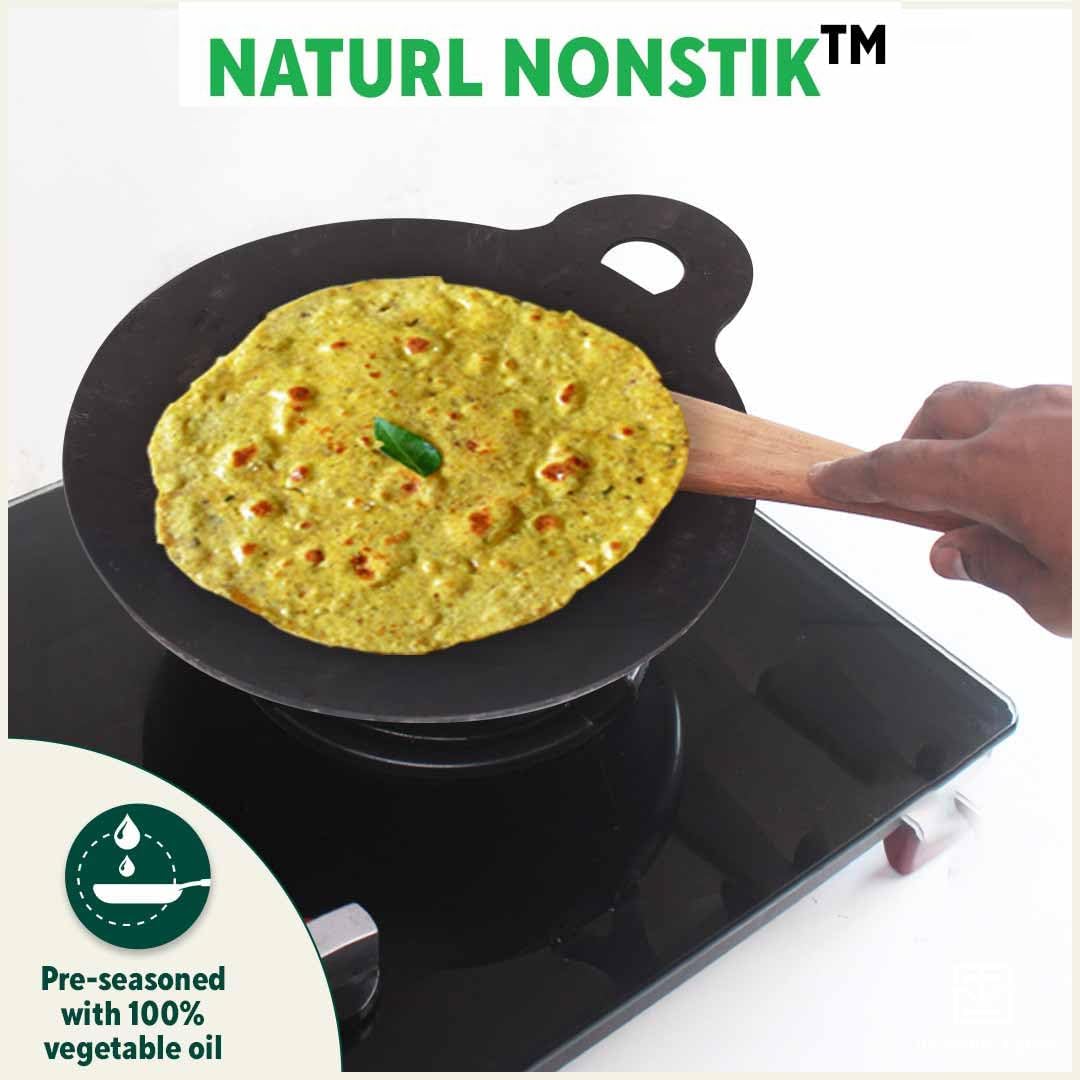 Pre-Seasoned Black Iron Concave Tawa For Dosa, Chapathi - 28cm, 11 Inch, 1.5 Kg | Gas Compatible, 100% Pure & Toxin-Free, No Chemical Coating Pre-Seasoned Black Iron Concave Tawa For Dosa, Chapathi - 28cm, 11 Inch, 1.5 Kg | Gas Compatible, 100% Pure & Toxin-Free, No Chemical Coating