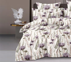 Printed Double Bedsheet For Super King Size With 2 Matching Pillow Covers - 108 X 108 Inches, Cream & Purple | 300 Thread Count Skin Friendly & Luxuriously Smooth To Touch Bedsheet