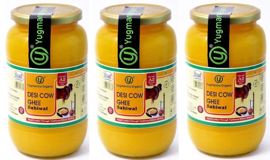 Premium A2 Danedar Desi Sahiwal Cow Ghee By Yugmantra Organic Foods | Healthy & Delicious Desi Ghee Good For Cooking | 3 Litre (1 Ltr * 3) 101.4 Ounce | Jar Pack