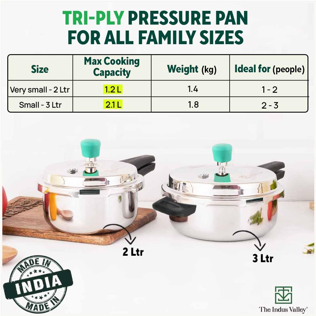 Tri-Ply Stainless Steel Outer Lid Pressure Pan For 2-3 People - Small, 3 Liters, 1.8 Kg | Induction Friendly, ISI-Certified, Nonstick 3-Layer Body, 100% Pure & Toxin-Free, 5 Years Warranty Tri-Ply Stainless Steel Outer Lid Pressure Pan For 2-3 People - Small, 3 Liters, 1.8 Kg | Induction Friendly, ISI-Certified, Nonstick 3-Layer Body, 100% Pure & Toxin-Free, 5 Years Warranty