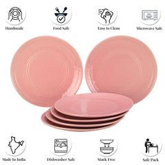 Ceramic Hand Glazed Large Embossed Dinner Plates Set Of 6 - 10.6 Inch, Light Pink | Handcrafted Stoneware - Microwave Safe & Dishwasher Safe