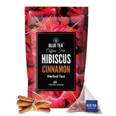 Blue Tea Caffeine Free Hibiscus Cinnamon Herbal Tea - 60 Pyramid Tea Bags | Skin Glow Enhancing Tea - Gluten Free, Non GMO | Plant Based Tangy Flavor - Zip Lock Pouch