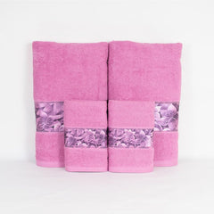Rangoli 100% Cotton Fibre 2 Hand & 2 Bath Towels 1400 Gsm | Highly Durable & Absorbent With Printed Border | Quick Drying Towels (Pink) - Pack Of 4