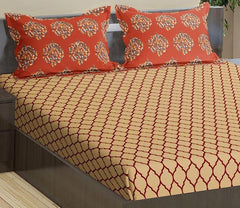 Premium 100% Cotton Queen Size Bedsheet With 2 Pillow Covers - 86 X 104 Inches, Clay Red & Beige | 180 Thread Count Ultra Soft | Ideal For House, Guest Home, Hotel