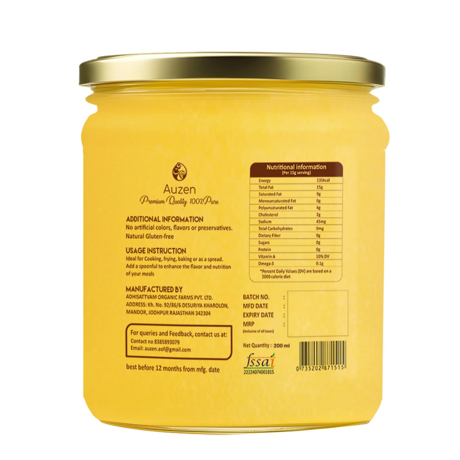 Pure Natural A2 Cow Ghee By Auzen | Rich In Nutrient, Delicious Healthy Desi Cow Ghee Good For Improves Digestion | (200ml) 6.7 Ounce | Jar Pack Pure Natural A2 Cow Ghee By Auzen | Rich In Nutrient, Delicious Healthy Desi Cow Ghee Good For Improves Digestion | (200ml) 6.7 Ounce | Jar Pack