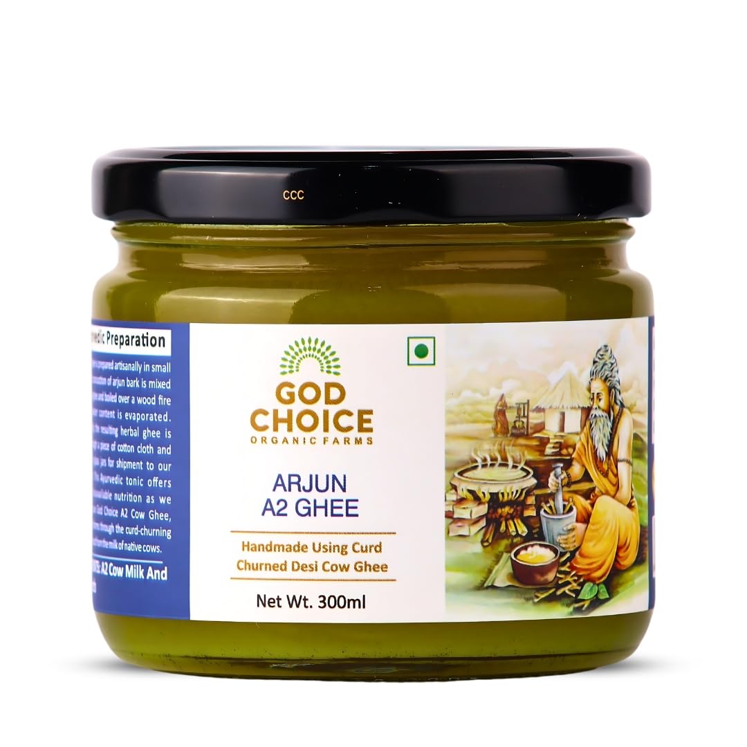 Organic Arjun A2 Desi Cow Ghee By God Choice Organic Farms | High In Protein Fiber Healthy Desi Ghee For Frying | (300ml) 10.1 Ounce | Jar Pack