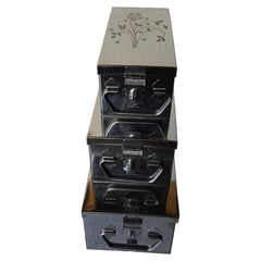 Stainless Steel Locker Boxes Jewellery Boxes Cash Peti Set Multi Pack Of 3 Size - 8 Inch, 10 Inch, 12 Inch, With Laser Printed Design - Silver, Control Type - Key Control