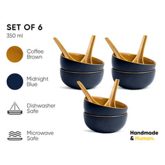 Ceramic Soup Bowl Set With Spoons - 300ml Each, Midnight Blue | 6 Pieces Soup Bowls + 6 Spoons | Glossy Finish - Premium Stoneware Ceramic Soup Bowls With Spoons | Soup Bowl Set Of 6