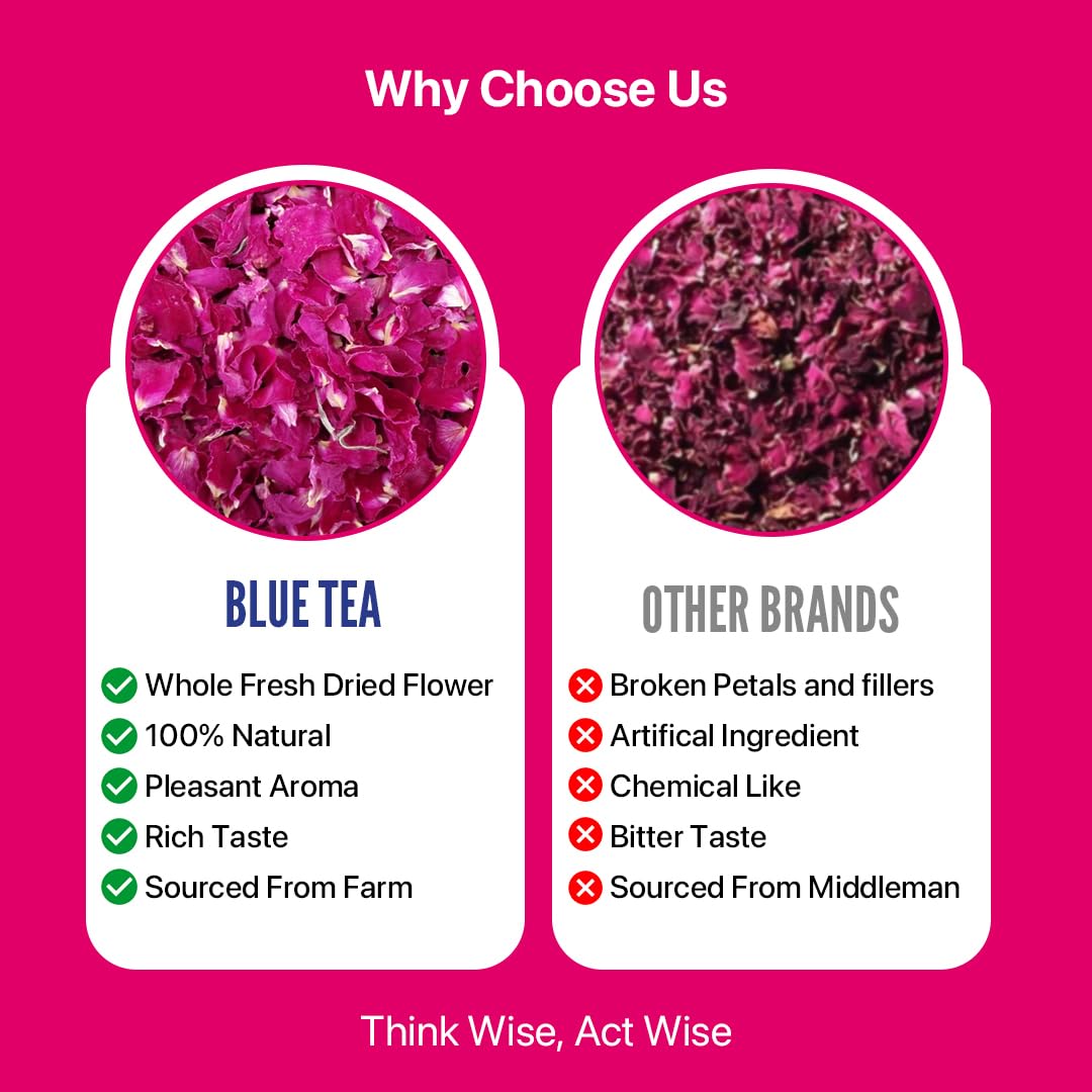 Blue Tea Caffeine Free Rose Flower Herbal Tea - 25gm Pet Jar, 0.8 Ounce, 25 Cups | Non-GMO, Flower Based Super Antioxidant Tea - Vitamin-C Rich For Beautiful Hair & Skin Blue Tea Caffeine Free Rose Flower Herbal Tea - 25gm Pet Jar, 0.8 Ounce, 25 Cups | Non-GMO, Flower Based Super Antioxidant Tea - Vitamin-C Rich For Beautiful Hair & Skin
