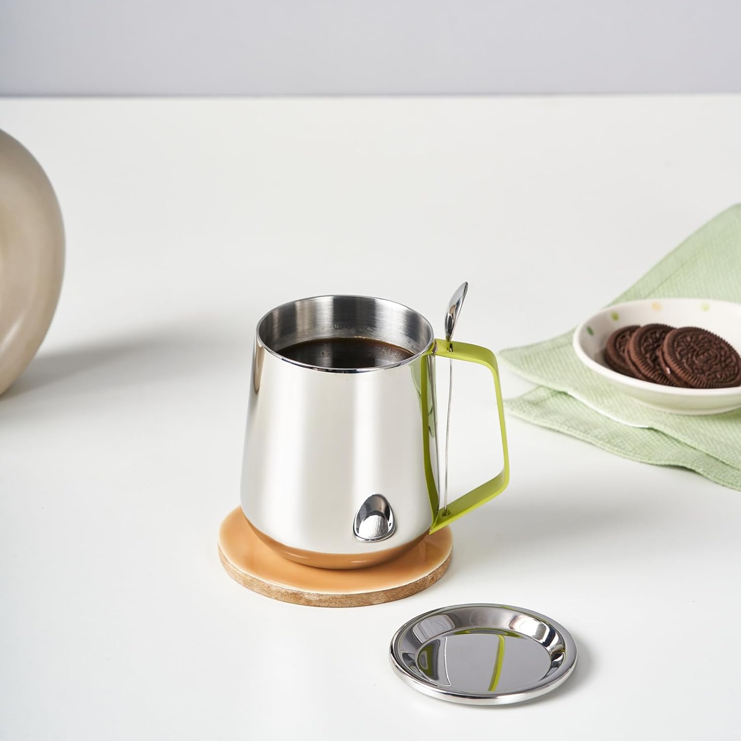 Stainless Steel Mug With Spoon & Lid - Bliss Series, Chrome & Yellow | Morning Drinking Cup - Ideal For Hot & Cold Drinks | Serve Ware & Tableware - Dishwasher Safe Stainless Steel Mug With Spoon & Lid - Bliss Series, Chrome & Yellow | Morning Drinking Cup - Ideal For Hot & Cold Drinks | Serve Ware & Tableware - Dishwasher Safe