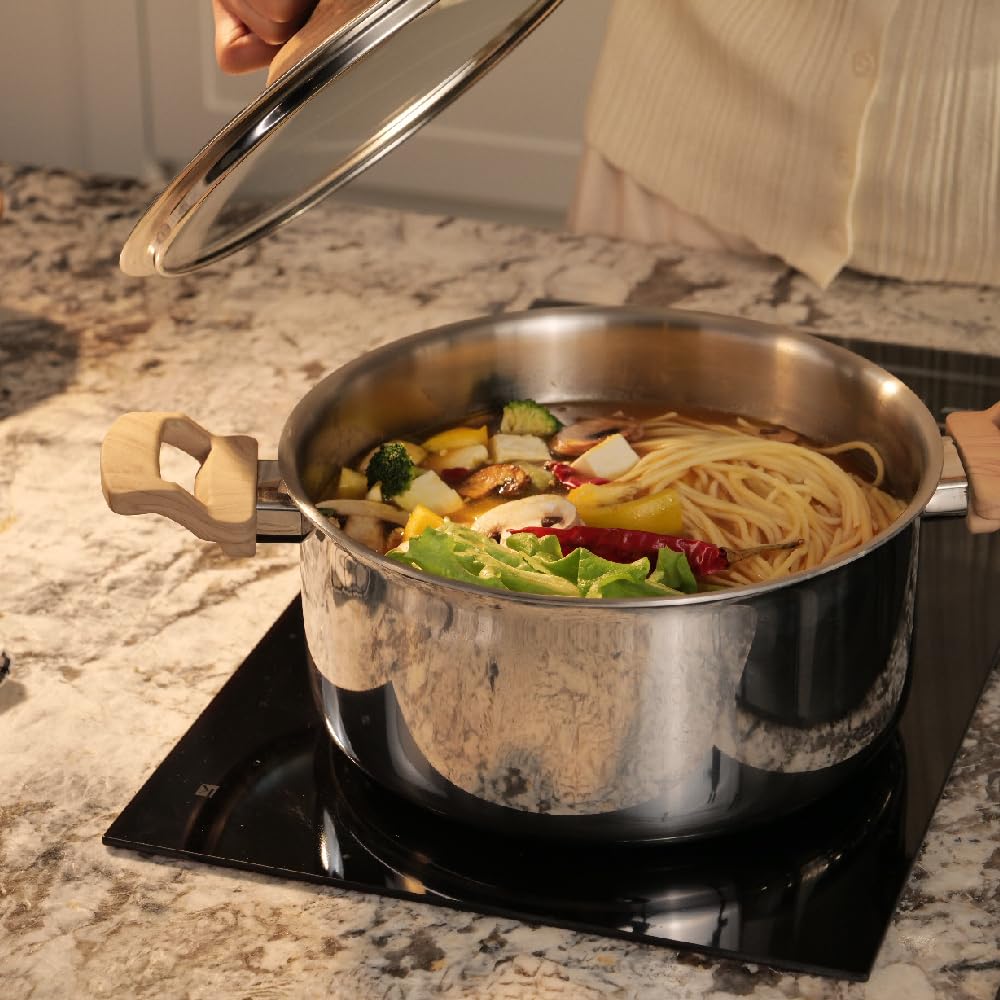 Timber Stainless Steel Triply Pot With Glass Lid 25cm, 5 Liters | Bhagona For Biryani, Pulao, Halwa, Curries - Wood Finished Handle | Induction & Gas Base Timber Stainless Steel Triply Pot With Glass Lid 25cm, 5 Liters | Bhagona For Biryani, Pulao, Halwa, Curries - Wood Finished Handle | Induction & Gas Base