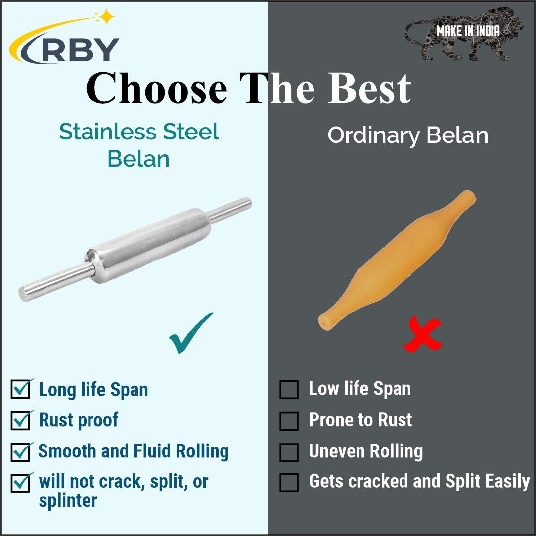 Smooth Finish Silver Stainless Steel Belan | Rolling Pin Or Belan Or Roti Maker Or Chappati Roller - Strong & Durable Smooth Finish Silver Stainless Steel Belan | Rolling Pin Or Belan Or Roti Maker Or Chappati Roller - Strong & Durable