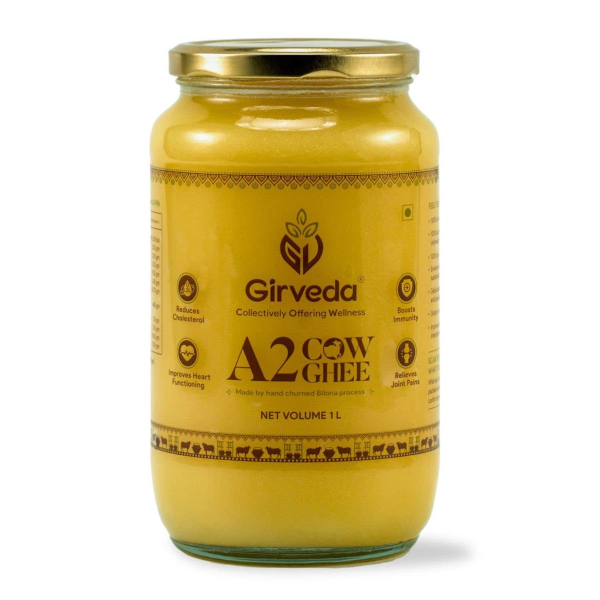 Natural A2 Cow Ghee By Girveda | Natural & Healthy Gir Cow Cultured Desi Ghee Perfect For Glowing Skin | (1 Litre) 33.8 Ounce | Jar Pack