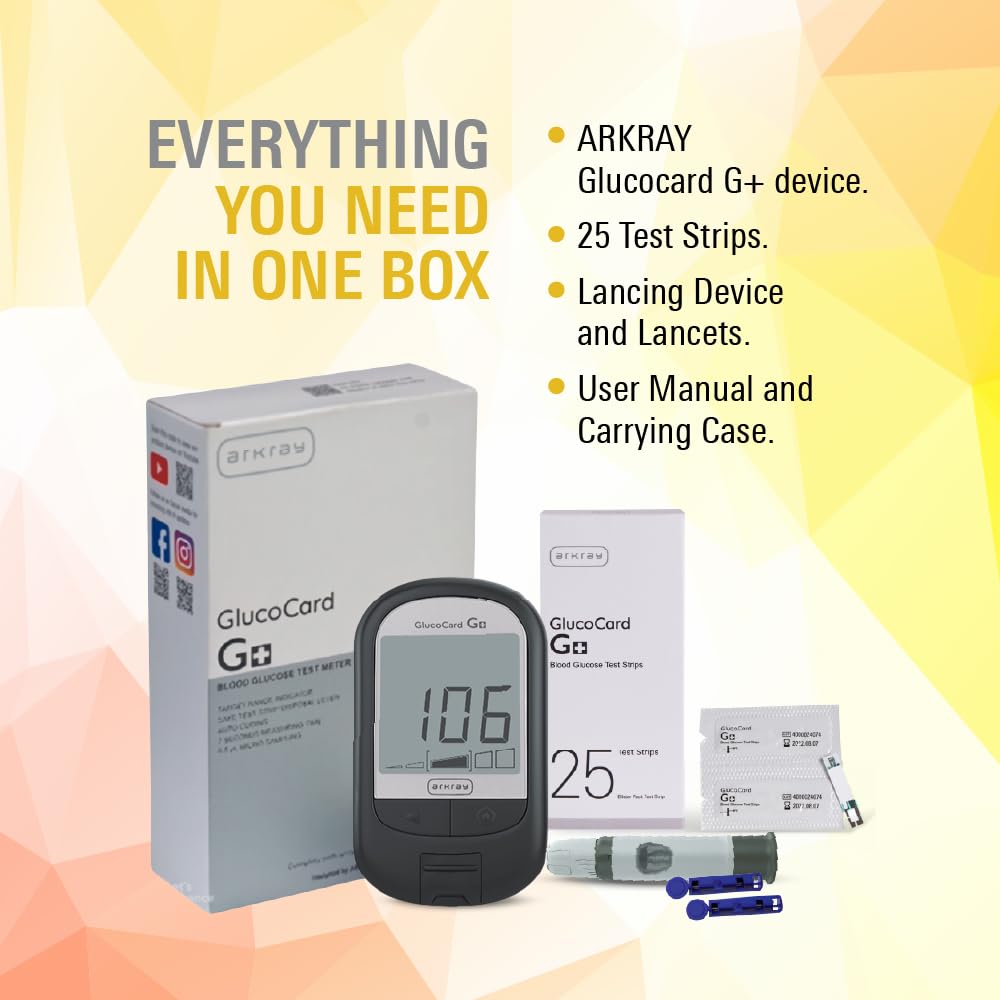 Arkray GlucoCard G+ Blood Glucose Monitor | Diabetes Kit With Free 25 Strips & 25 Trustlet Lancets + 1 Lancing Device | Japanese Technology Made In India Arkray GlucoCard G+ Blood Glucose Monitor | Diabetes Kit With Free 25 Strips & 25 Trustlet Lancets + 1 Lancing Device | Japanese Technology Made In India