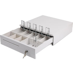 Cash Box Metal Cash Register Drawer 3 Coin Money Storage Box Tray With Removable Coin Tray & Key - Lock Cash Drawer For Shop, Colour - White, Material - Metal