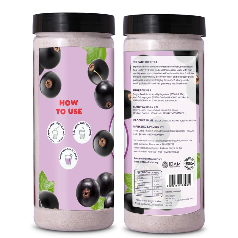 Bevzilla Black Currant Instant Iced Tea Mix - 400gm, 14.1 Ounce | Quick Ready In 30 Seconds - Perfect Refreshing Summer Drink | Easy To Carry Anywhere - Low Caffeine Bevzilla Black Currant Instant Iced Tea Mix - 400gm, 14.1 Ounce | Quick Ready In 30 Seconds - Perfect Refreshing Summer Drink | Easy To Carry Anywhere - Low Caffeine
