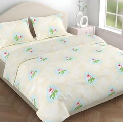 Flat Bedsheet Queen Size Bed With 2 Pillow Covers - 100 X 90 Inches, Cream & Green | Soft, Breathable & Durable | Skin-Friendly & Durable