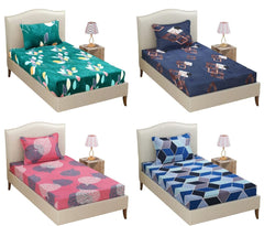 Combo Pack Of 4 Single Bedsheet With 4 Pillow Covers | 60 X 90 Inches, Multicolor - 160 Thread Count Soft Brushed Glace Cotton Long Lasting & Wrinkle Free
