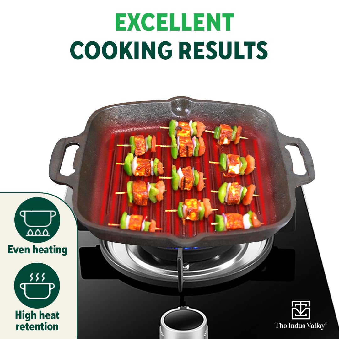 Pre-Seasoned Black Cast Iron Grill Pan With Double Handle - Medium, 26.7 Cm, 10.5 Inch, 1.8 Liters, 3.3 Kg | Induction Friendly, 100% Pure & Toxin-Free, No Chemical Coating Pre-Seasoned Black Cast Iron Grill Pan With Double Handle - Medium, 26.7 Cm, 10.5 Inch, 1.8 Liters, 3.3 Kg | Induction Friendly, 100% Pure & Toxin-Free, No Chemical Coating